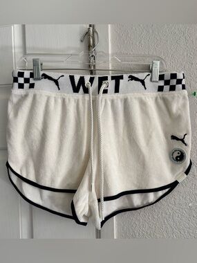 Women’s Puma White Drawstring Terry Shorts with Navy Blue Trim Size 0/XS